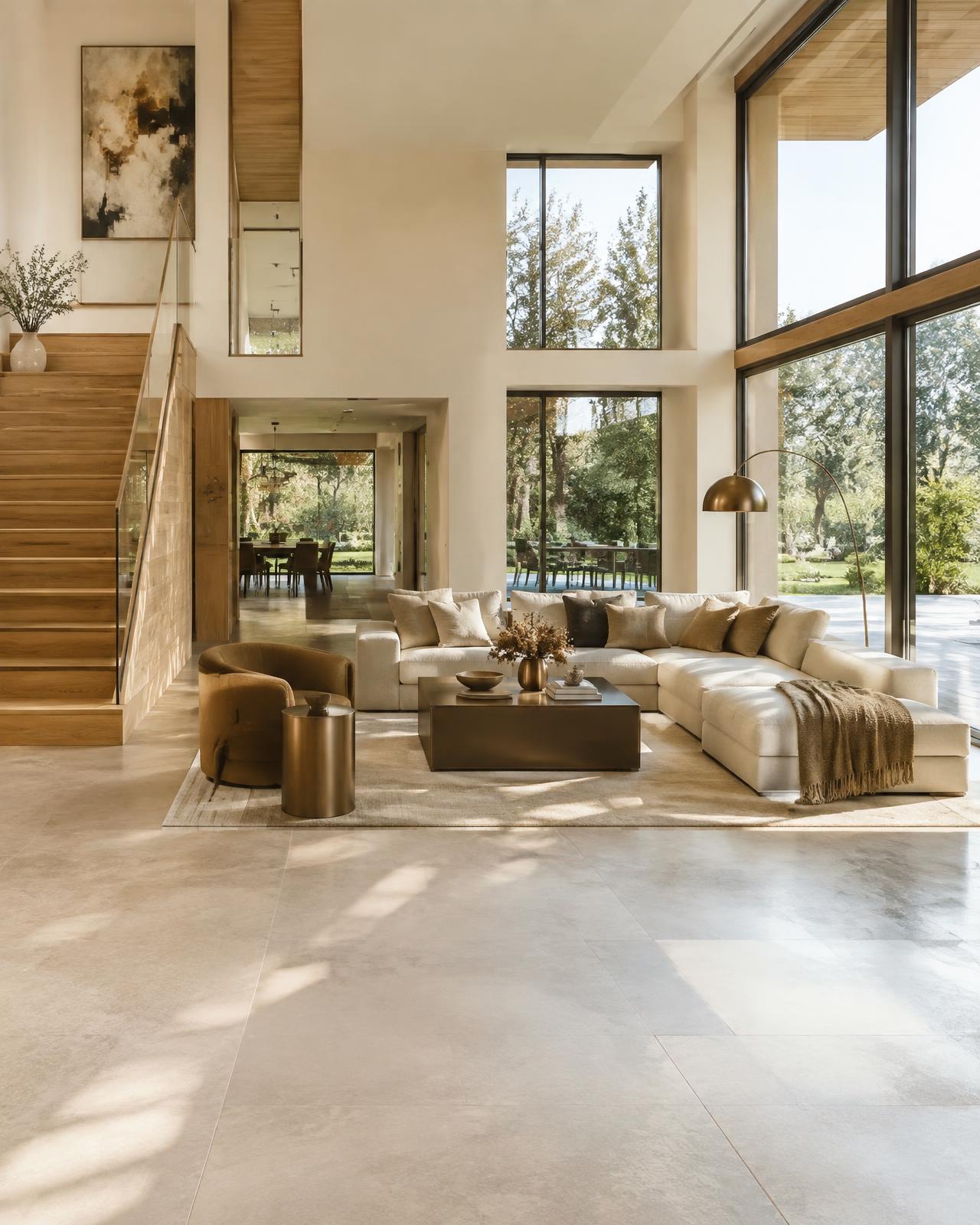 Salon contemporain lumineux avec escalier en bois (image d’illustration)