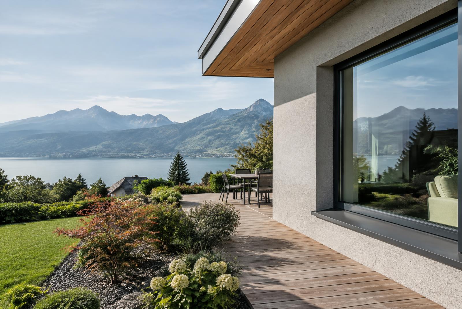 Terrasse en bois d’une maison avec vue sur le lac et les montagnes (image d’illustration)